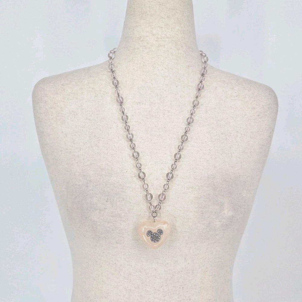 Disney Mickey Mouse Pink Heart Stone Rhinestone Beaded Pendant Necklace 28in VTG
